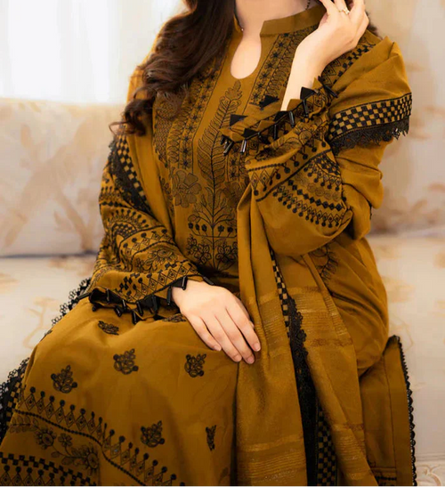 3-Piece Embroidered Dhanak Shirt — With Dhanak Embroidered Shawl
