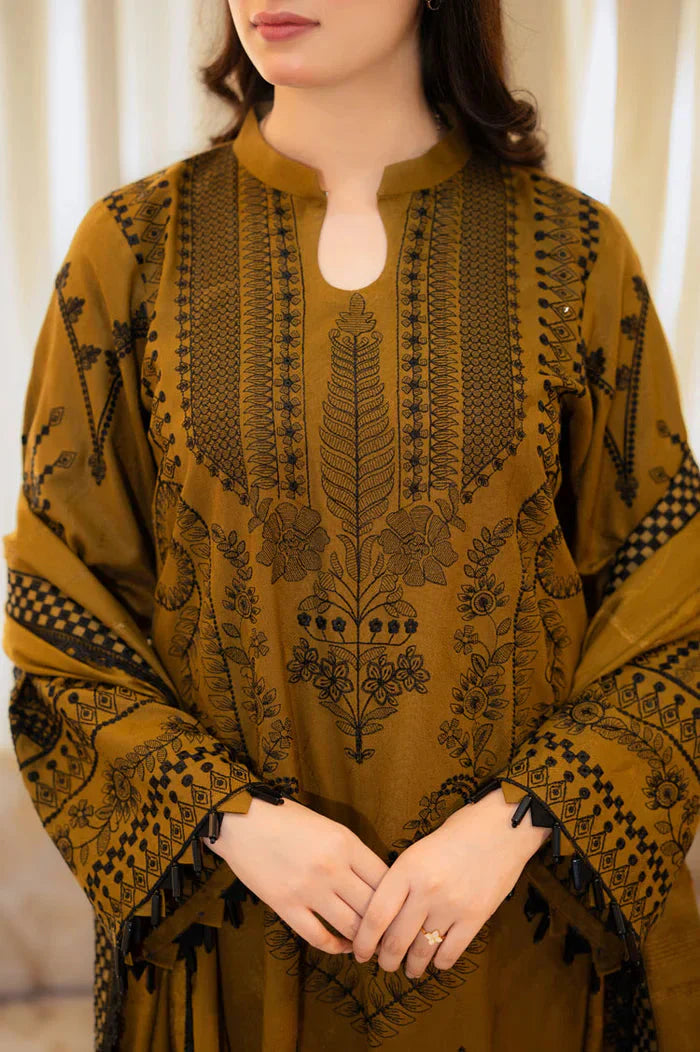 3-Piece Embroidered Dhanak Shirt — With Dhanak Embroidered Shawl